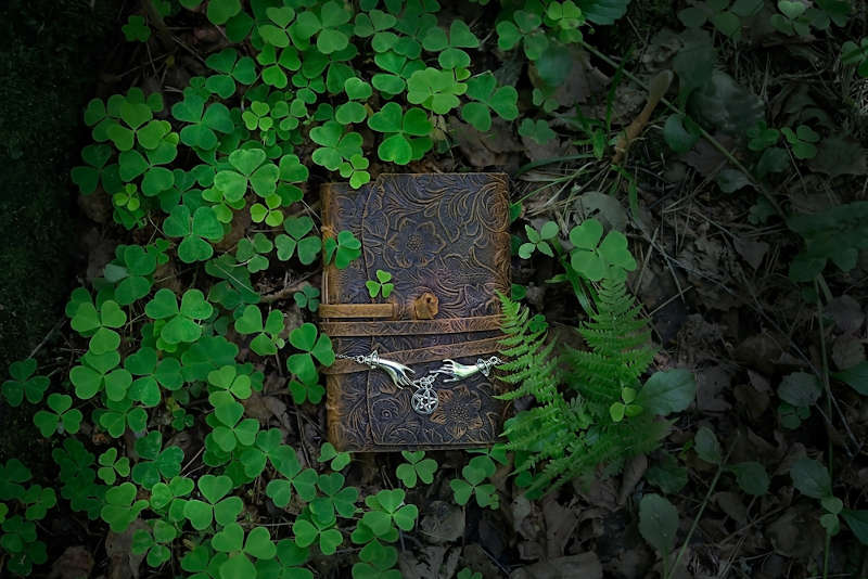 A book of shadows used in Gardnerian Wicca surrounded by natural green leaves.