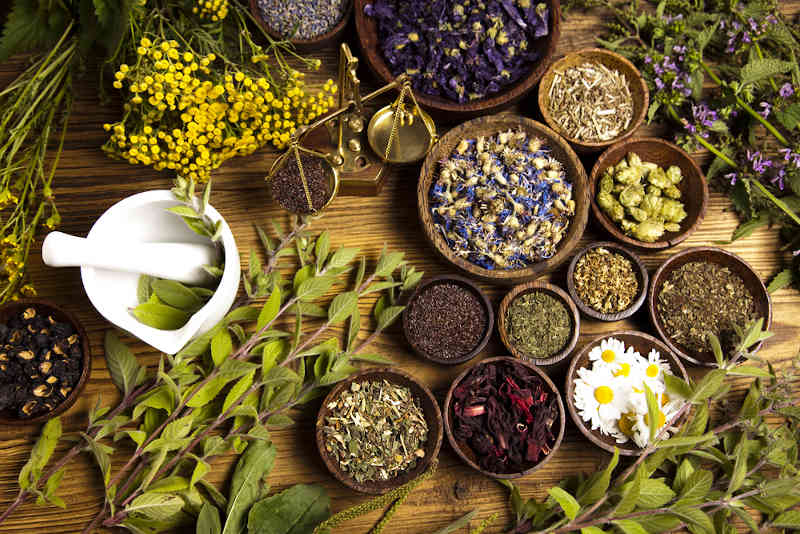 Herbs for protection in bowls on a wooden table.