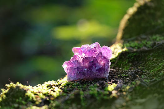 A purple amethyst crystal outdoors with magical and metaphysical properties. 
