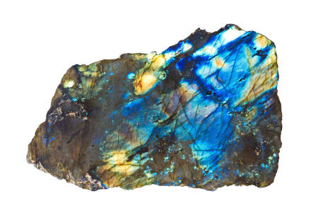 A colorful labradorite crystal isolated on a white background. 