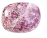 A purple and white lepidolite gemstone on a white background. 