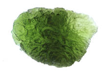 A green moldavite specimen on a white background commonly used for attracting good luck. 