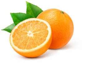 A whole orange and a freshly sliced orange on a white background. 