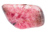 A pink rhodonite gemstone isolated on a white background. 