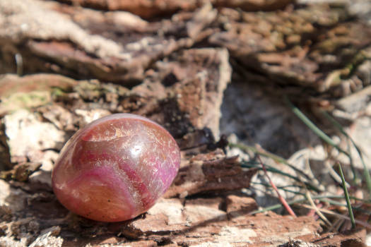 A pink rhodonite crystal with magical and metaphysical properties outdoors. 