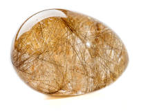 A rutilated quartz crystal on a white background. 