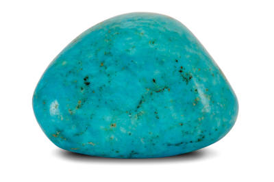 A blue turquoise gemstone isolated on a white background. 