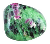 A zoisite gemstone on a white background. 