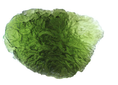 A green moldavite crystal isolated on a white background. 