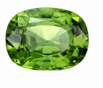 A green peridot crystal isolated on a white background. 