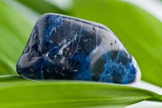 A blue sodalite stone on green plants with magical and metaphysical properties. 