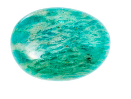 A polished amazonite crystal isolated on a white background. 