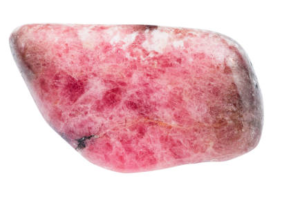A pink rhodonite crystal isolated on a white background. 