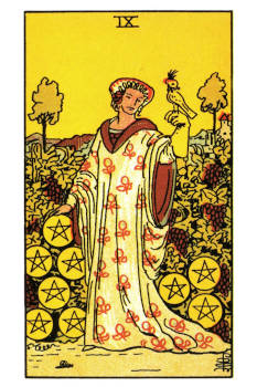 Nine of Pentacles Tarot Card. 