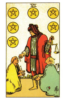 Six of Pentacles Tarot Card. 